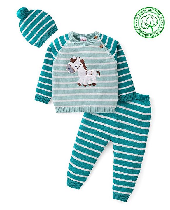 Babyhug Knitted Full Raglan Sleeves Pullover Sweater Set With Cap & Horse Patch Detailing - Green