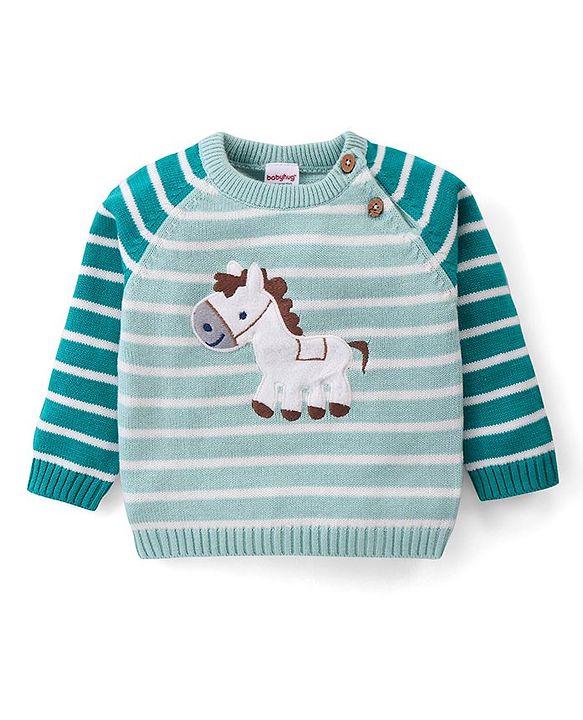 Babyhug Knitted Full Raglan Sleeves Pullover Sweater Set With Cap & Horse Patch Detailing - Green