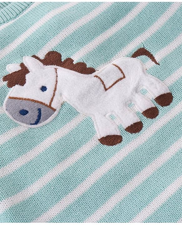 Babyhug Knitted Full Raglan Sleeves Pullover Sweater Set With Cap & Horse Patch Detailing - Green