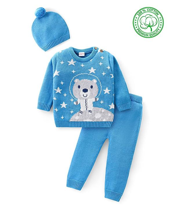 Babyhug Knitted Full Sleeves Pullover Sweater Set with Cap & Bear Design- Blue