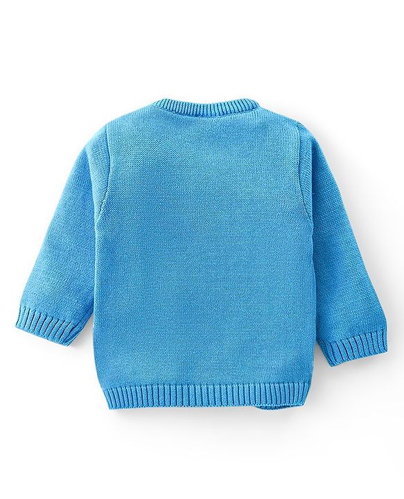 Babyhug Knitted Full Sleeves Pullover Sweater Set with Cap & Bear Design- Blue