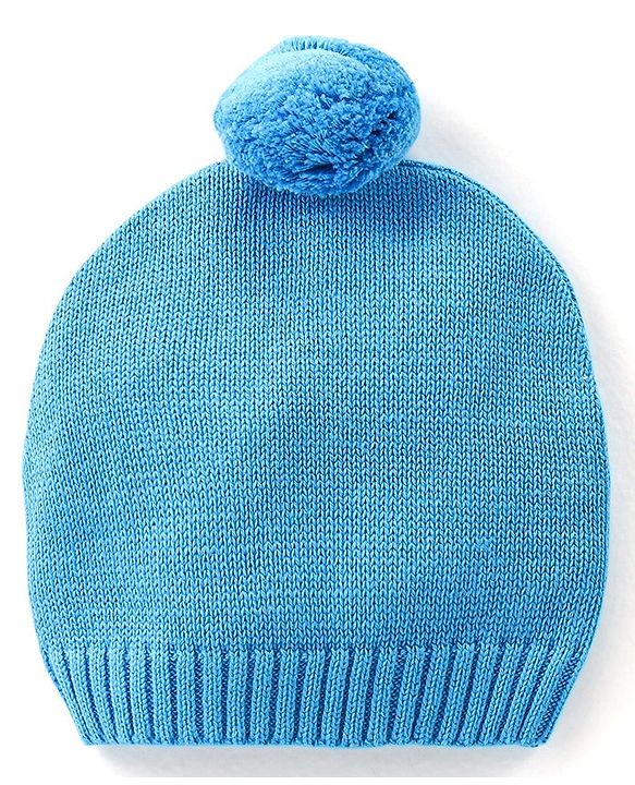 Babyhug Knitted Full Sleeves Pullover Sweater Set with Cap & Bear Design- Blue
