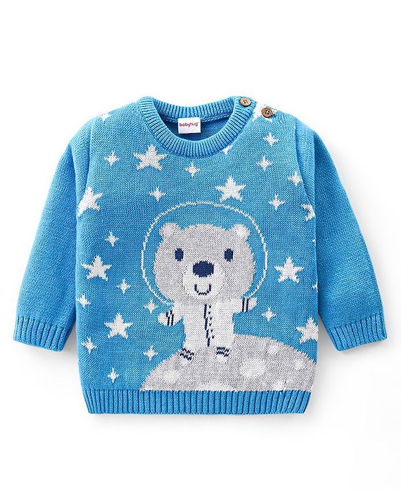 Babyhug Knitted Full Sleeves Pullover Sweater Set with Cap & Bear Design- Blue