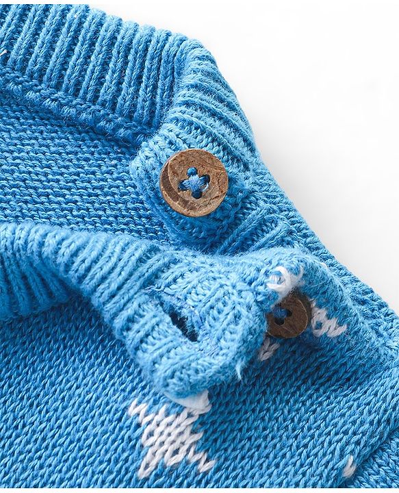 Babyhug Knitted Full Sleeves Pullover Sweater Set with Cap & Bear Design- Blue