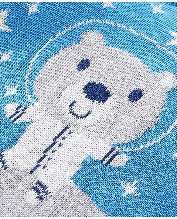 Babyhug Knitted Full Sleeves Pullover Sweater Set with Cap & Bear Design- Blue