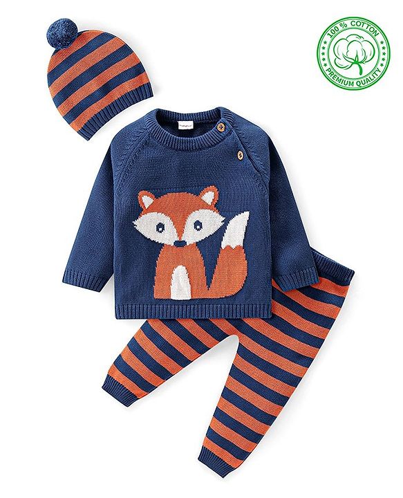 Babyhug Knitted Full Raglan Sleeves Pullover Sweater Set with Cap Striped & Fox Design - Navy Blue & Orange