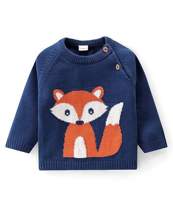 Babyhug Knitted Full Raglan Sleeves Pullover Sweater Set with Cap Striped & Fox Design - Navy Blue & Orange