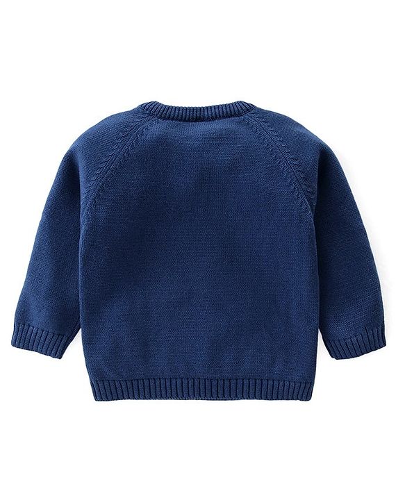 Babyhug Knitted Full Raglan Sleeves Pullover Sweater Set with Cap Striped & Fox Design - Navy Blue & Orange