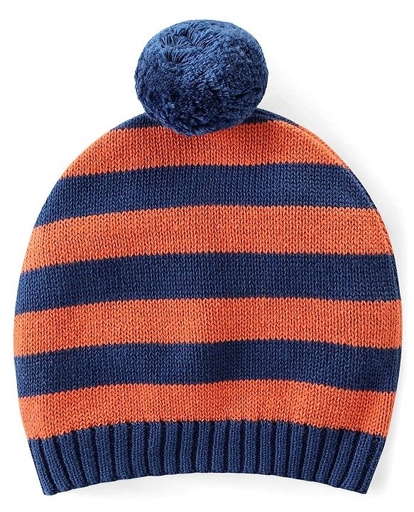Babyhug Knitted Full Raglan Sleeves Pullover Sweater Set with Cap Striped & Fox Design - Navy Blue & Orange