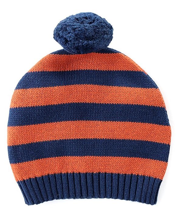 Babyhug Knitted Full Raglan Sleeves Pullover Sweater Set with Cap Striped & Fox Design - Navy Blue & Orange