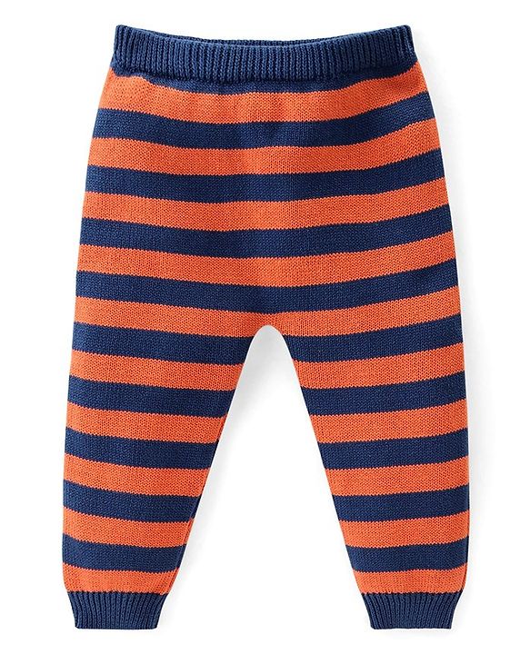 Babyhug Knitted Full Raglan Sleeves Pullover Sweater Set with Cap Striped & Fox Design - Navy Blue & Orange