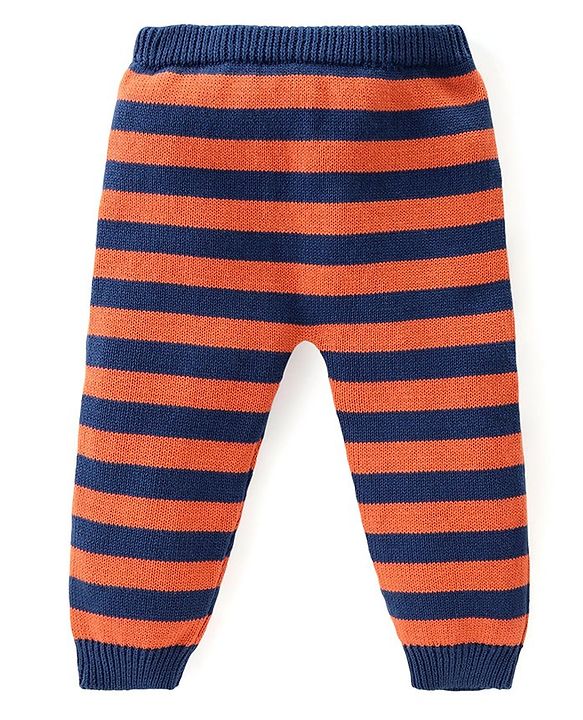 Babyhug Knitted Full Raglan Sleeves Pullover Sweater Set with Cap Striped & Fox Design - Navy Blue & Orange