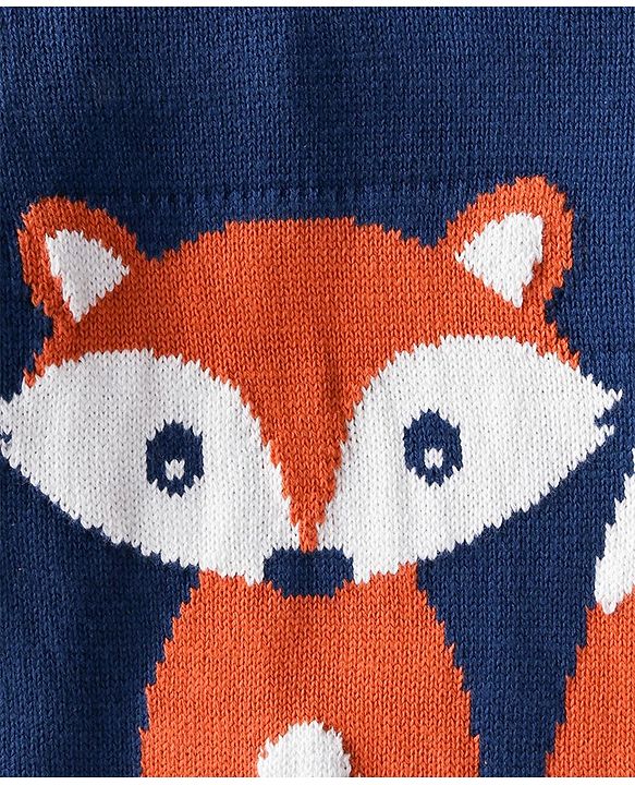 Babyhug Knitted Full Raglan Sleeves Pullover Sweater Set with Cap Striped & Fox Design - Navy Blue & Orange