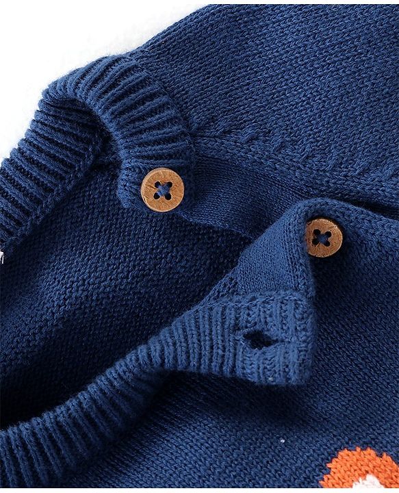 Babyhug Knitted Full Raglan Sleeves Pullover Sweater Set with Cap Striped & Fox Design - Navy Blue & Orange