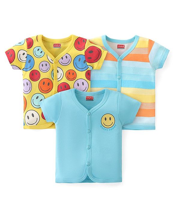 Babyhug 100% Cotton Knit Half Sleeves Front Open  Vests With Emoji Print Pack of 3 - Multicolor