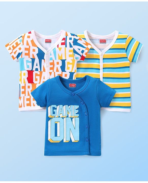 Babyhug 100% Cotton Knit Half Sleeves Set of Vets Striped & Text Print Pack of 3 - Multicolour