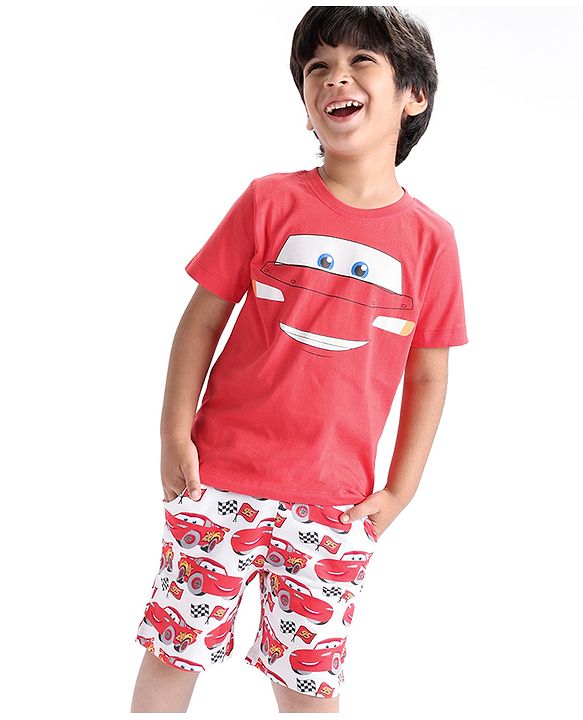 Babyhug Disney Cotton Knit Half Sleeves T-Shirt & Shorts Set With Cars Graphic  Red