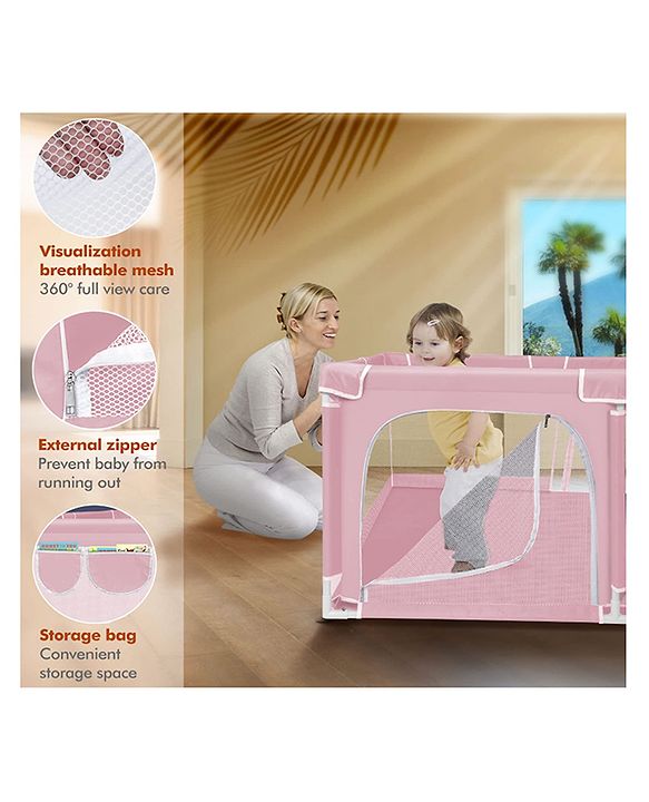 Babyhug Smart Portable with Safety Lock Playpen with Play Gate Fence - Pink
