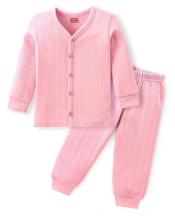 Babyhug Full Sleeves Front Open Solid Thermal Vest & Pant - Pink