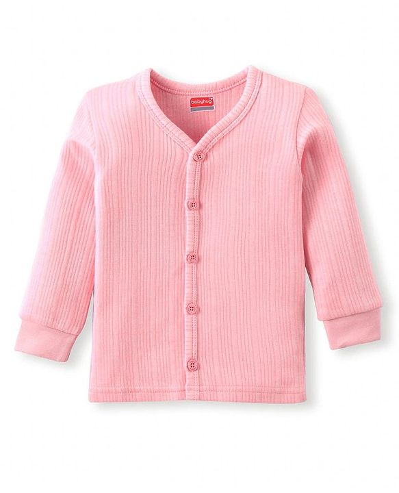 Babyhug Full Sleeves Front Open Solid Thermal Vest & Pant - Pink