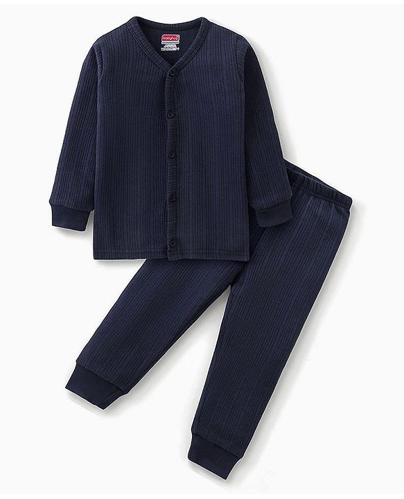 Babyhug Full Sleeves Front Open Solid Thermal Vest & Pant - Navy Blue