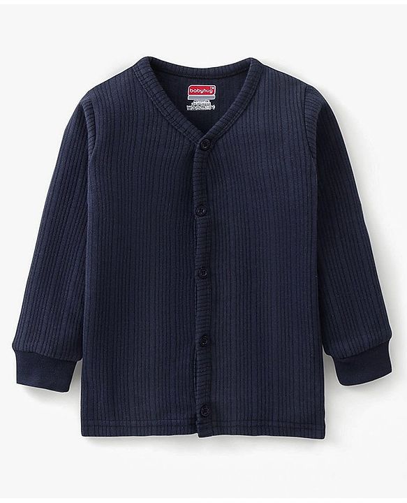 Babyhug Full Sleeves Front Open Solid Thermal Vest & Pant - Navy Blue