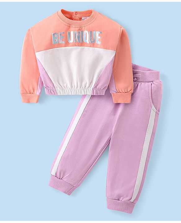 Babyhug Terry Knit Full Sleeves Top & Pants Set With Text Print - Pink & White