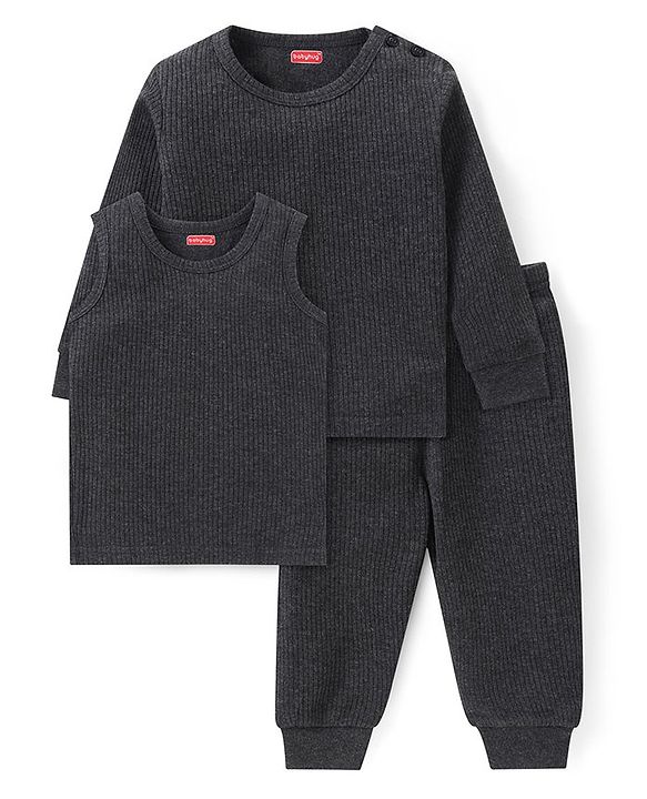 Babyhug Solid Full Sleeves Thermal Vests & Pant Set - Dark Grey