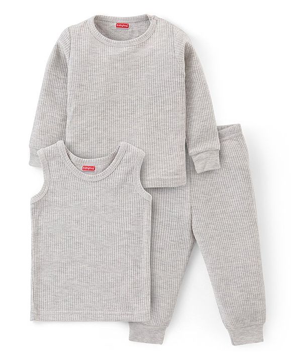 Babyhug Full Sleeves Solid Colour Thermal  T-Shirt & Pant Set with Vest - Light Grey