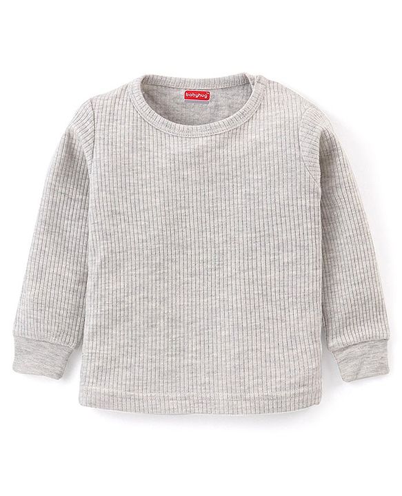 Babyhug Full Sleeves Solid Colour Thermal  T-Shirt & Pant Set with Vest - Light Grey