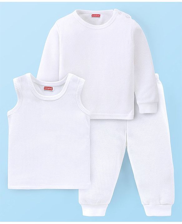 Babyhug Solid Colour Full Sleeve & Sleeveless Thermal Vests & Pant Set - Off White