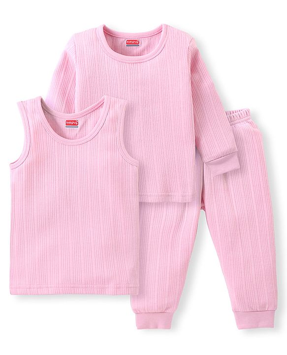Babyhug Cotton Full Sleeves Thermal Vest and Pant Set Solid - Pink
