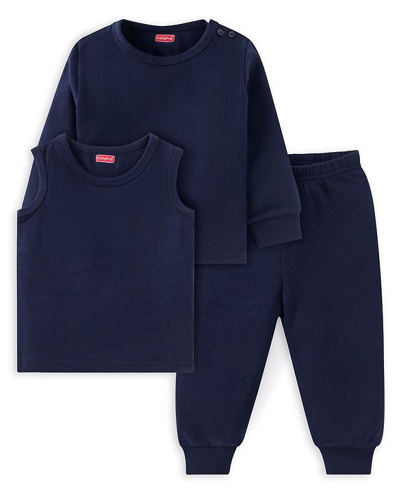 Babyhug  Full Sleeves Thermal Vest Pullover & Pant Set Solid Colour - Navy Blue
