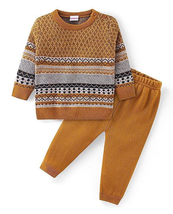 Babyhug Knit Full Sleeves Sweater Set with Aztec Design- Mustard