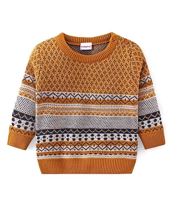 Babyhug Knit Full Sleeves Sweater Set with Aztec Design- Mustard
