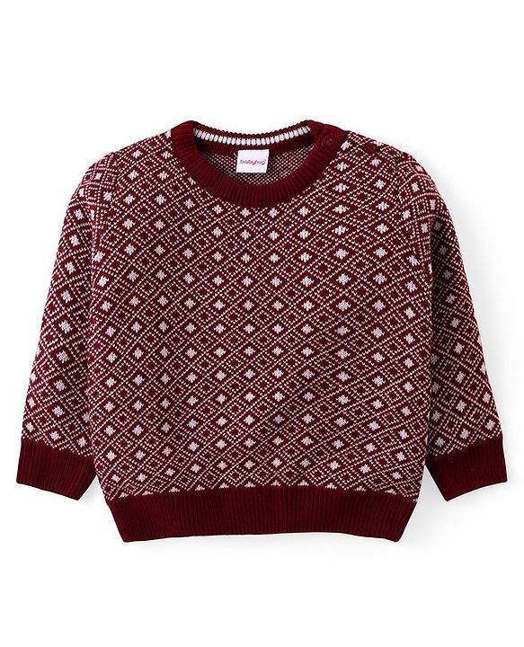 Babyhug Knitted Full Sleeves Sweater & Pant Set with Diamond Design - Red