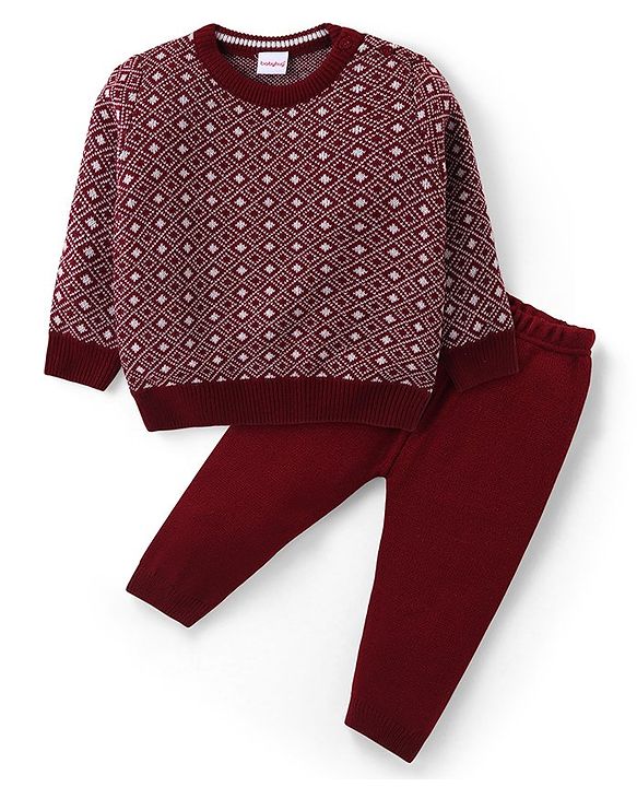 Babyhug Knitted Full Sleeves Sweater & Pant Set with Diamond Design - Red