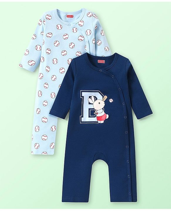Babyhug 100% Cotton Knit Full Sleeves Rompers with Baseball & Bunny Print  Pack of 2 - Multicolour
