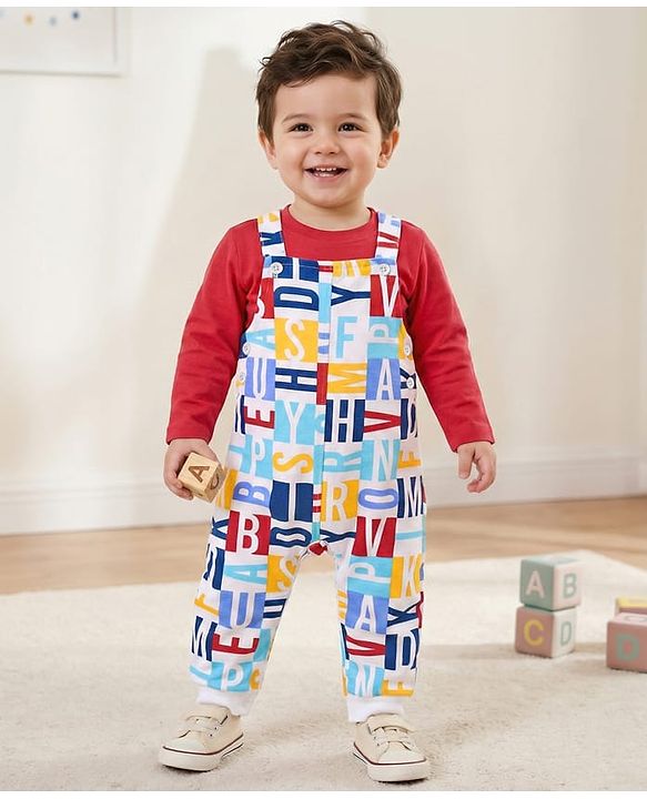 Babyhug Cotton Knit Full Sleeves T-Shirt & Dungaree Set with Alphabet Print -Red & White