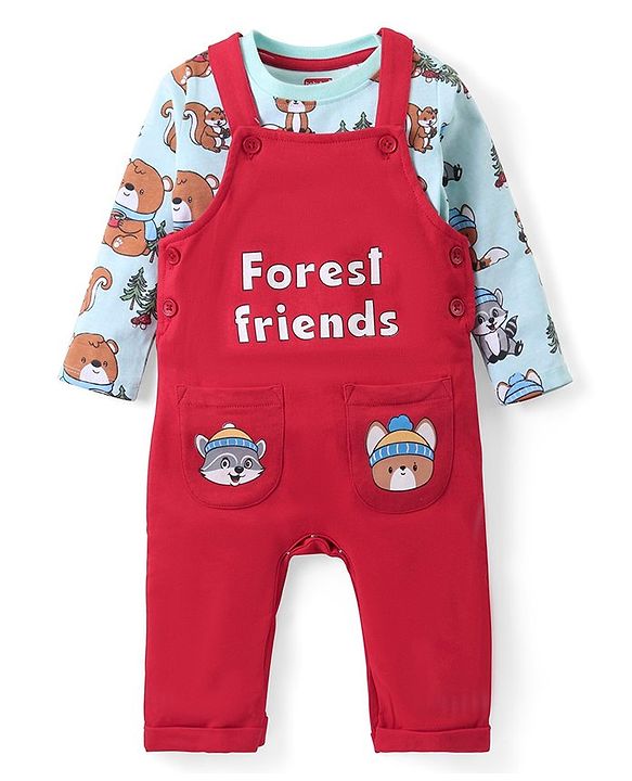 Babyhug Cotton Knit Full Sleeves T-Shirt & Dungaree Set with Bear Print - Red & Blue