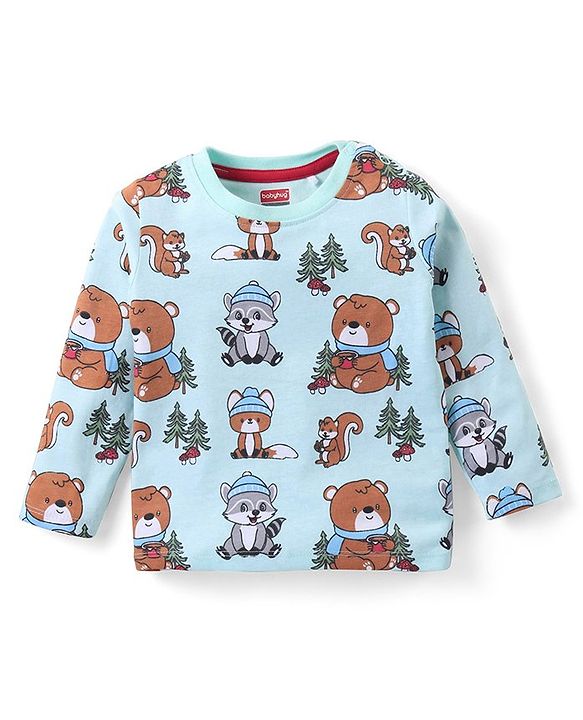 Babyhug Cotton Knit Full Sleeves T-Shirt & Dungaree Set with Bear Print - Red & Blue