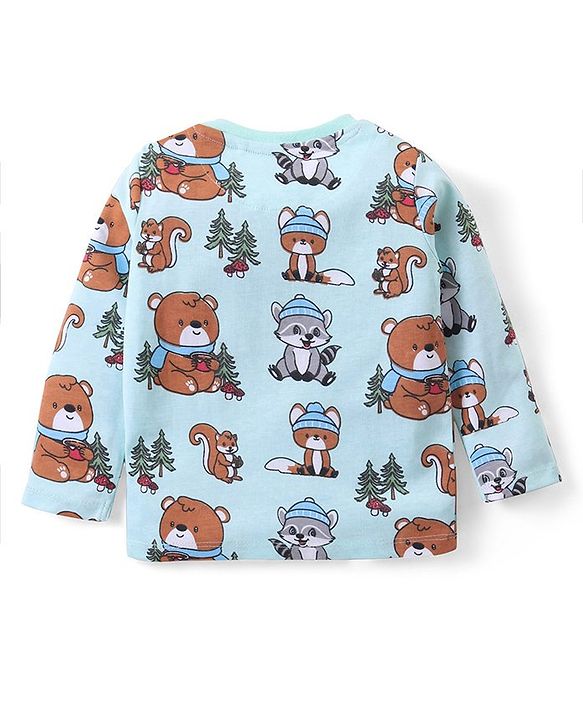 Babyhug Cotton Knit Full Sleeves T-Shirt & Dungaree Set with Bear Print - Red & Blue