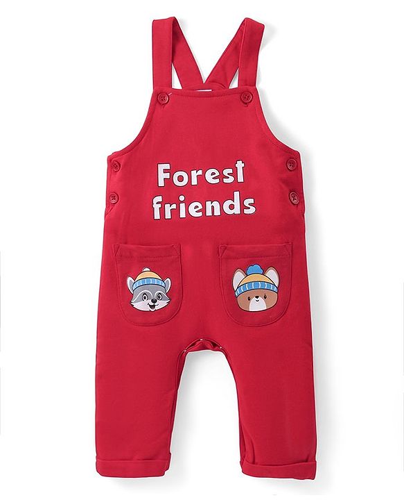 Babyhug Cotton Knit Full Sleeves T-Shirt & Dungaree Set with Bear Print - Red & Blue