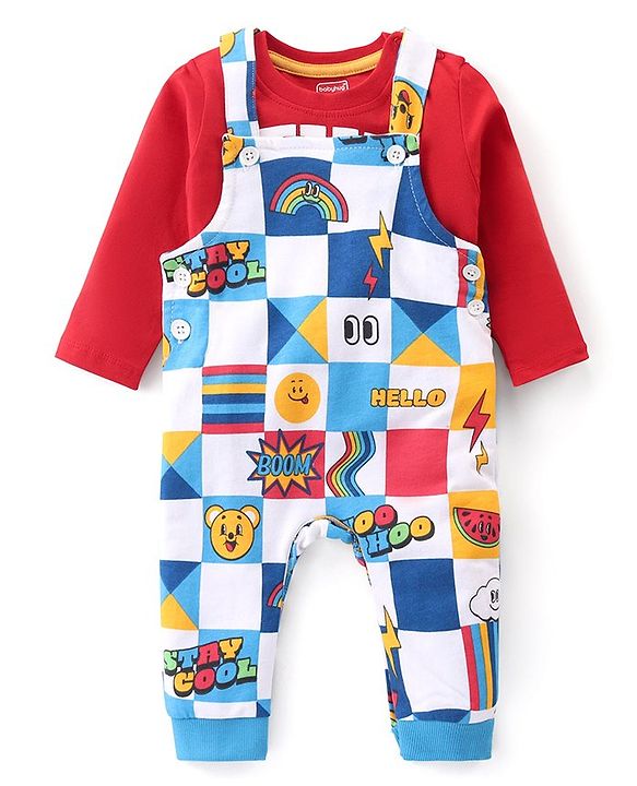 Babyhug Single Jersey Knit Block Printed  Dungaree with Full Sleeves T-Shirt Text Print - Multicolor