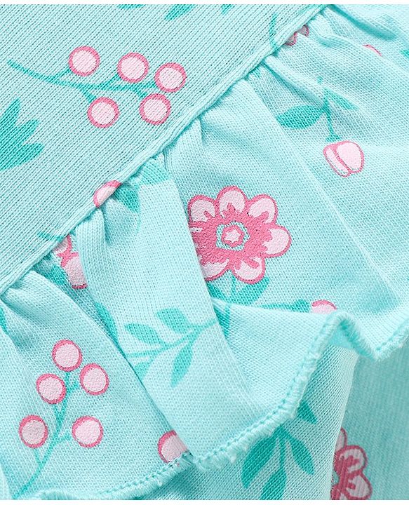 Babyhug 100% Cotton Knit Full Sleeves Frock Style Onesie with Floral Print - Blue