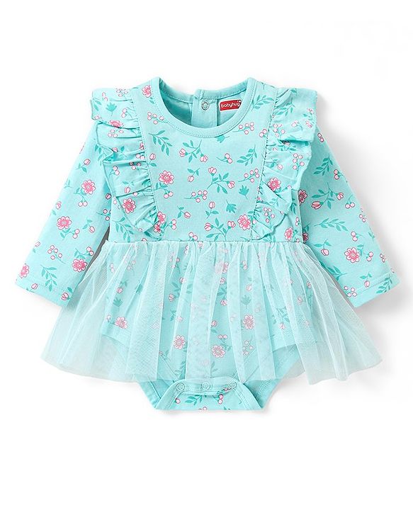 Babyhug 100% Cotton Knit Full Sleeves Frock Style Onesie with Floral Print - Blue
