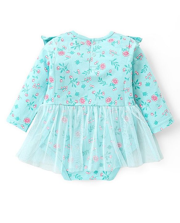 Babyhug 100% Cotton Knit Full Sleeves Frock Style Onesie with Floral Print - Blue