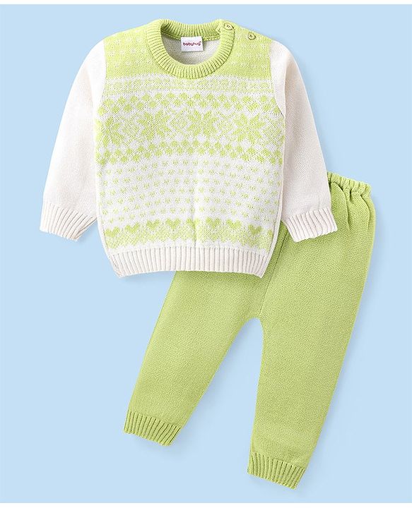 Babyhug Knitted Full Sleeves Sweater Set with Floral Design - Lime Green