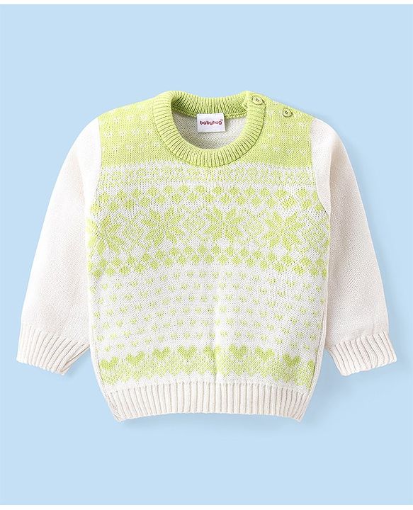 Babyhug Knitted Full Sleeves Sweater Set with Floral Design - Lime Green