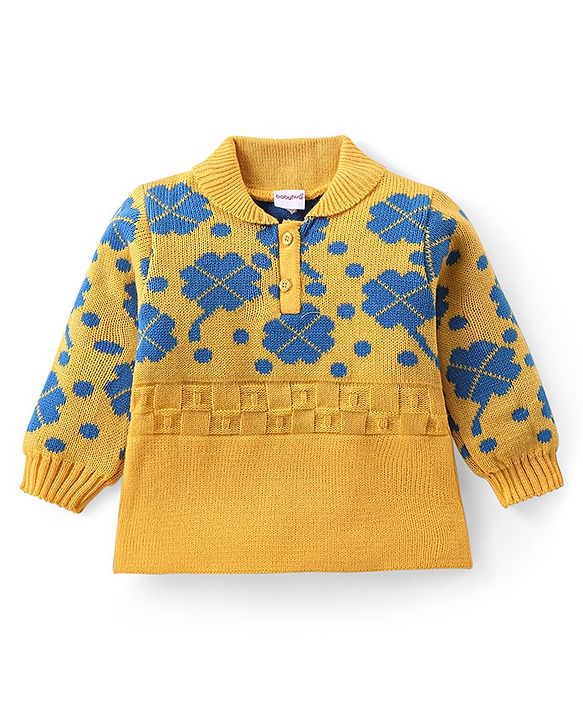 Babyhug Knitted Full Sleeves Sweater Set with Floral Design - Yellow
